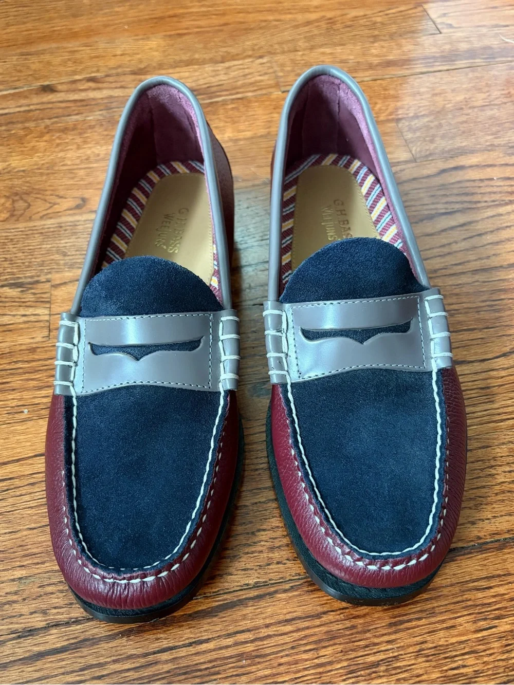 G.H Bass Weejuns Larson TriColor Penny Loafers Burgundy Navy Suede Men’s 10.5 D